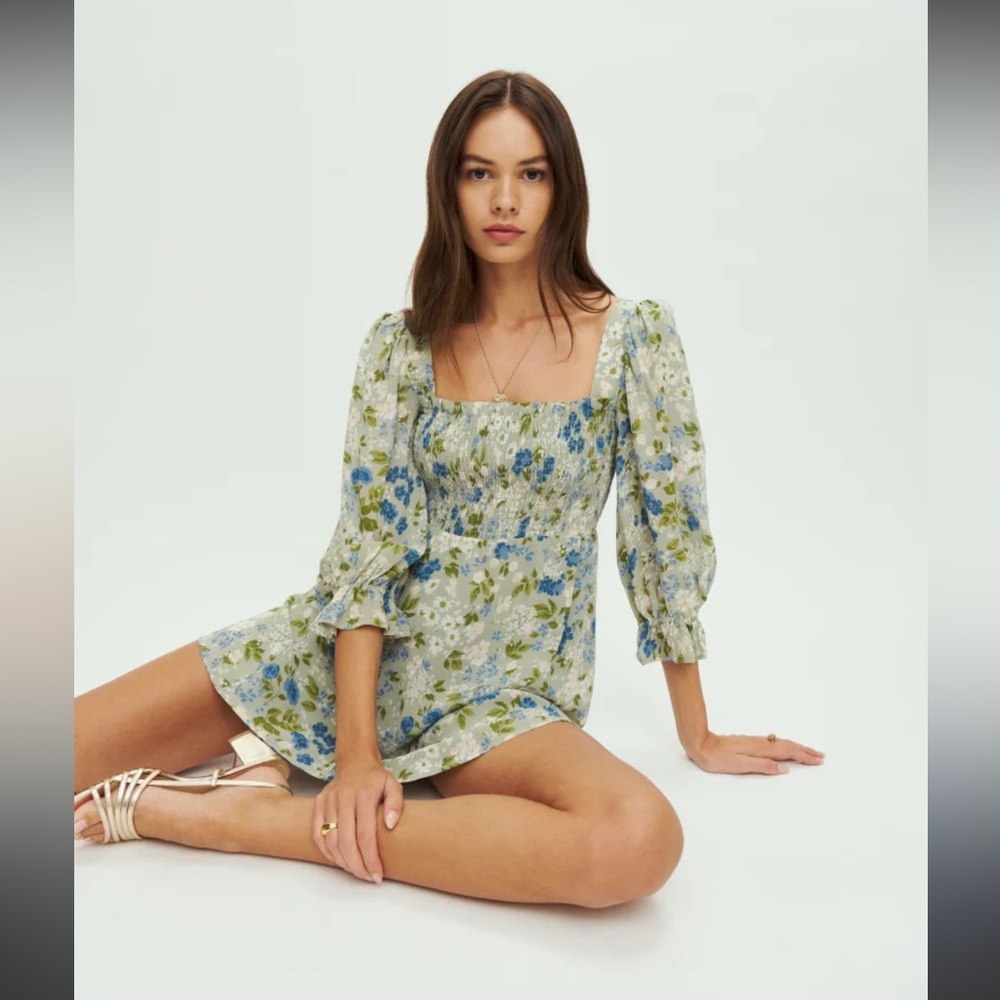 Reformation Floral Blue and Green Dress